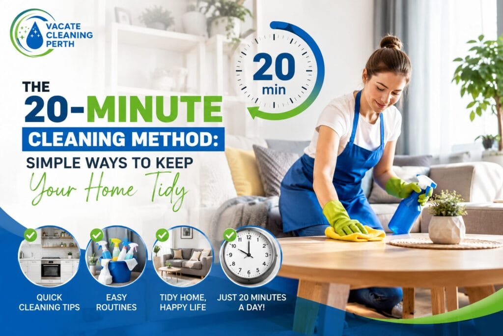 20-minute cleaning method showing a professional cleaner wiping a table in a tidy Perth home